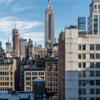 City skyline of various skyscrapers.