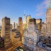 City skyline of various skyscrapers.