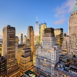 City skyline of various skyscrapers.