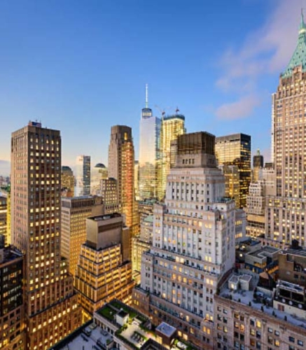 City skyline of various skyscrapers.